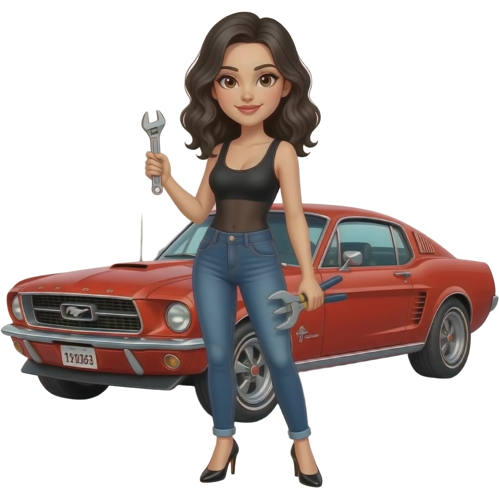 Pale girl with wavy jet black hair and brown eyes in front of a red ford mustang 1968 coupe. Girl wearing a sheer black sleeveless top, low rounded neckline, jeans and heels with visible toes. Girl holding an adjustable wrench in his right hand and a pair of multi-grip pliers in his left hand. emoji