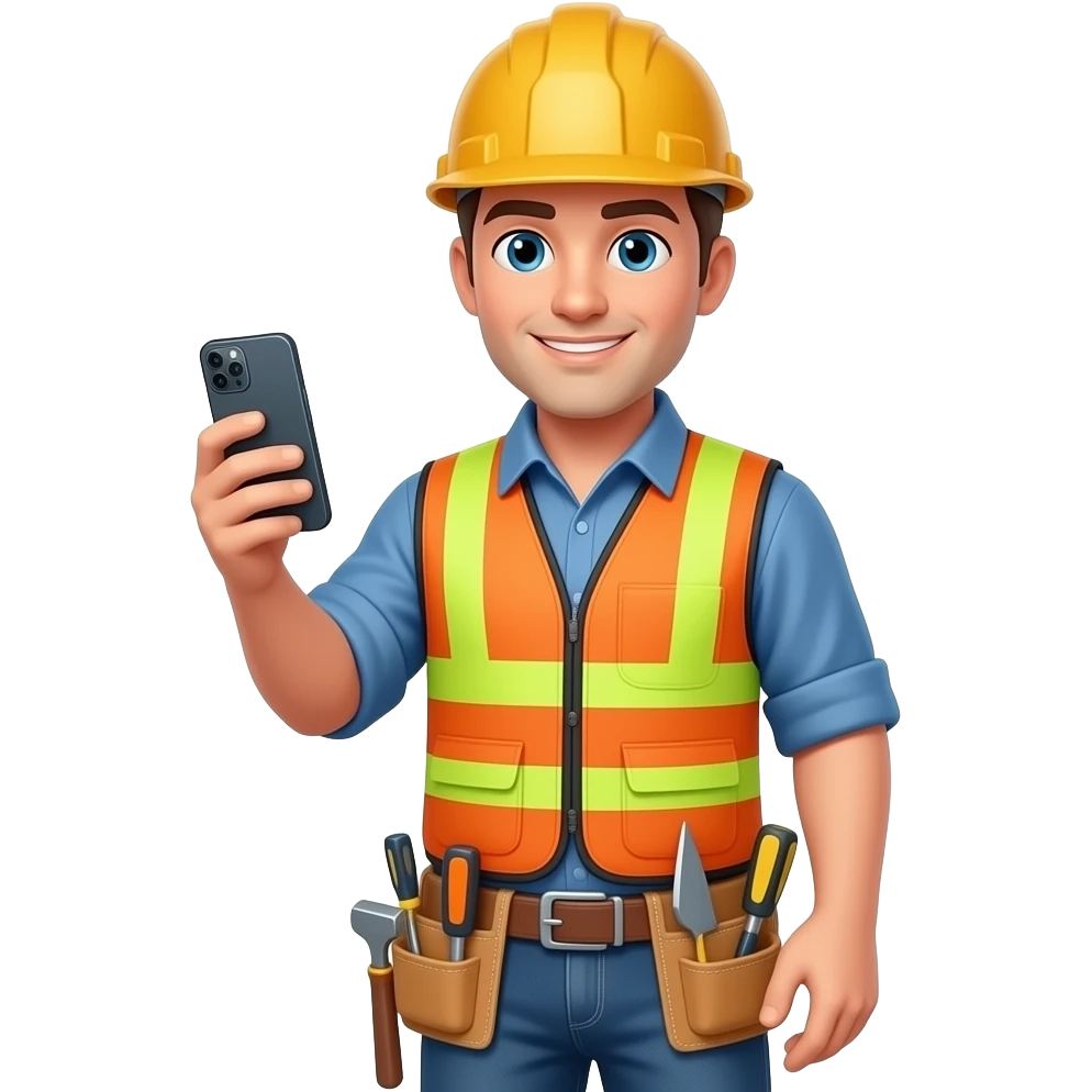 general contractor with no safety vest or helmet on a call holding their smartphone with a tool belt emoji