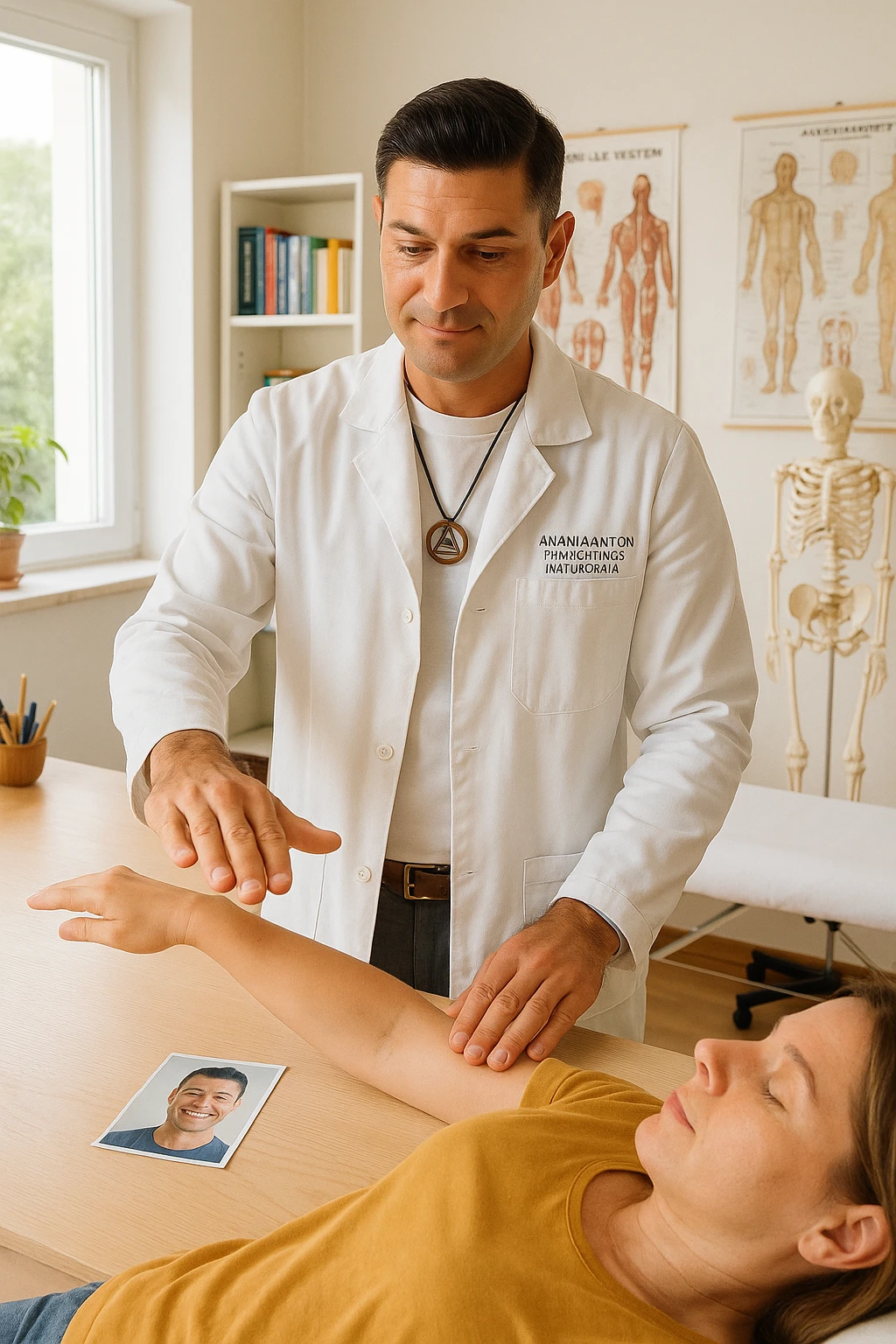 a middle-aged man, dressed in casual professional attire, is in a bright, organized therapy studio. Durante una visita di kinesiologia, il praticante tiene con una mano la foto di una persona lontana (il “testimone”) appoggiata su un tavolo, mentre con l’altra mano esegue un test muscolare su un cliente presente. Sullo sfondo si vedono libri di kinesiologia, poster anatomici e strumenti tipici della disciplina. L’atmosfera è concentrata e serena, con luce naturale che entra dalla finestra, sottolineando l’aspetto alternativo e umano della pratica. emoji