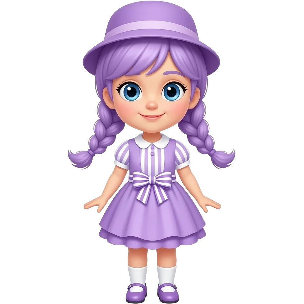 A girl with pale purple hair tied in braids and blue eyes, wearing a pale purple dress with white striped short sleeves and skirt, a pale purple frill, and a pale purple and white striped waist bow, pale purple shoes with white socks, and a pale purple hat. emoji