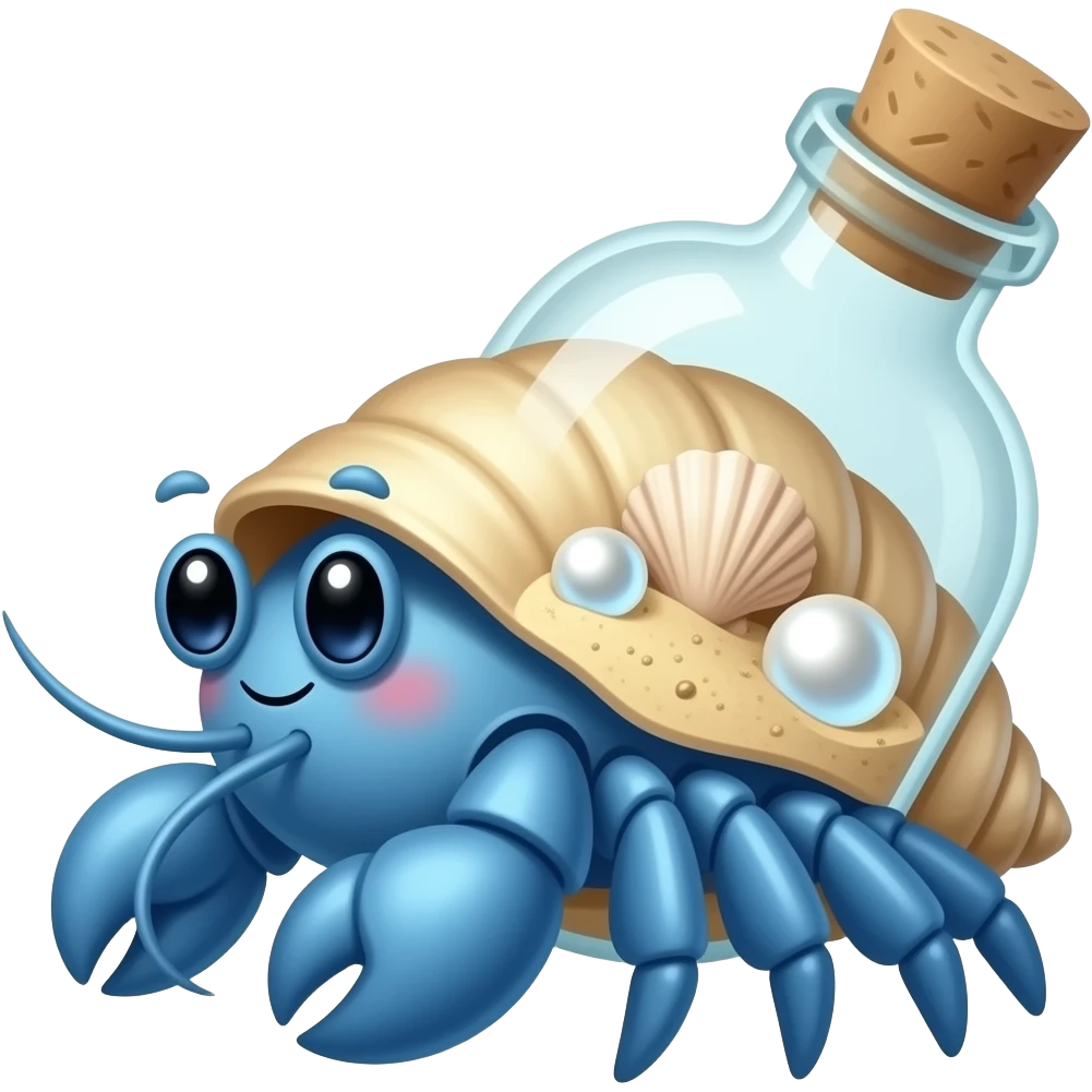 Cute blue hermit crab carrying a glass bottle shell filled with sand, seashells, pearls, and a tiny message, pastel fantasy beach style emoji
