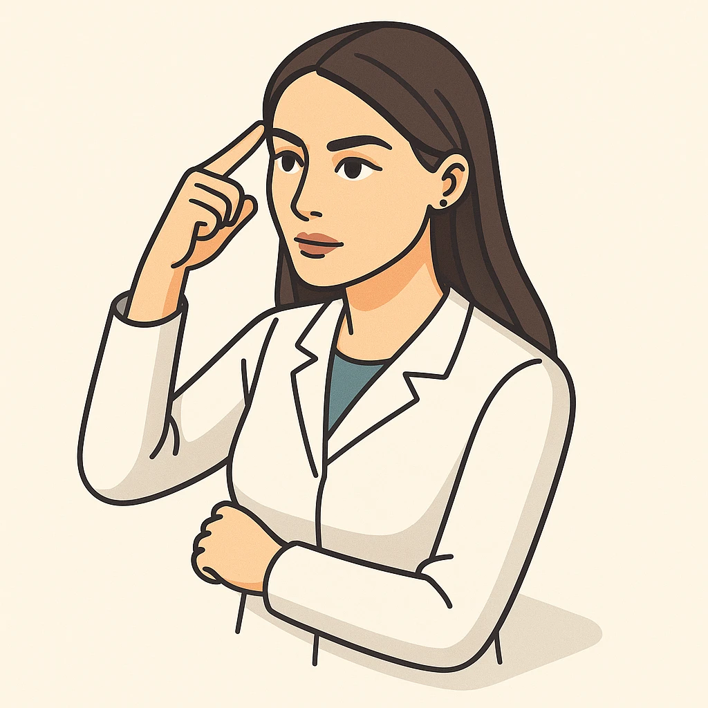A 2D isometric style illustration of a female doctor with dark long straight hair, detailed brown eyes (not just dots), wearing a white coat, minimalist background, making a finger-twisting gesture near the temple, appearance as in the second previous variant. emoji