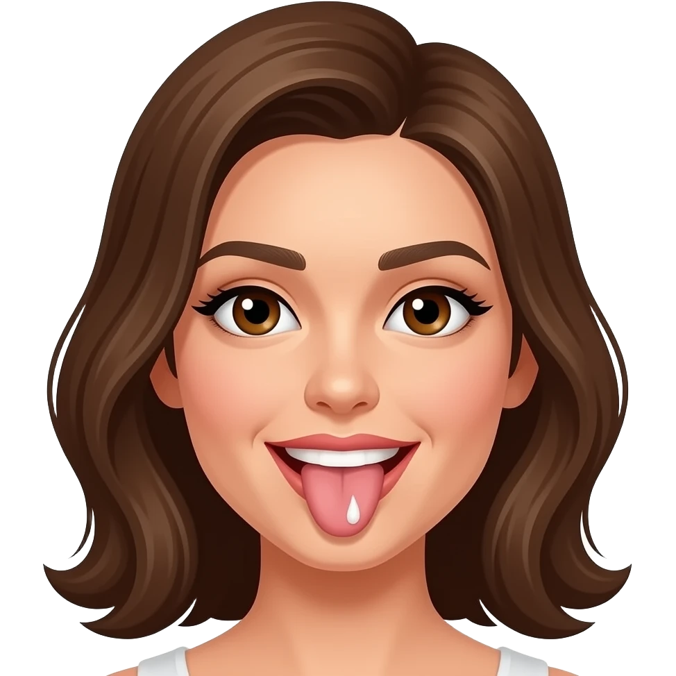 Women with brown eyes and hair have on tongue a lot of white cream emoji