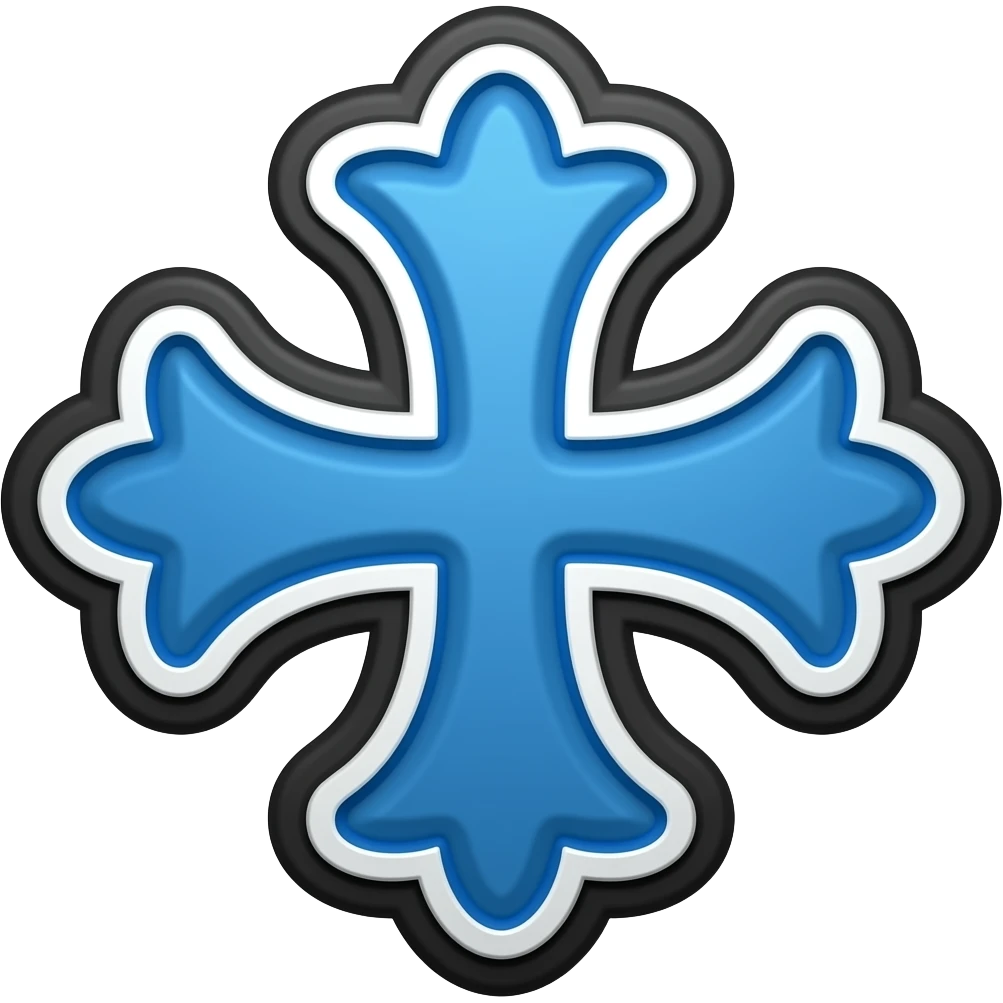 Es una cruz latina azul, simétrica y estilizada, con brazos curvos que se ensanchan y terminan en puntas decorativas lobuladas, rodeada por un doble contorno (blanco interno y negro externo) emoji