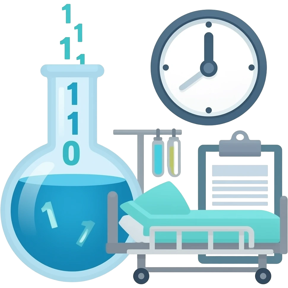 Minimalist flat icon of a stylized glowing lab flask with binary code bits falling inside, beside a digital clock and an organized hospital bed with a clipboard. Concept of efficient drug discovery and hospital management, clean vector art, blue and teal colors. emoji
