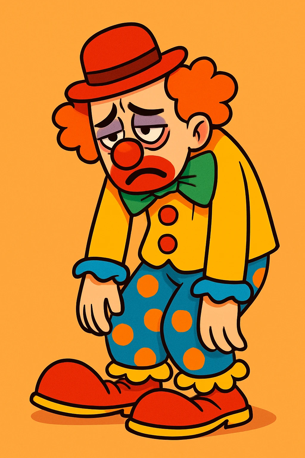 exhausted clown with expressive face and slumped posture showing visible fatigue, wearing a vibrant costume, cartoon style emoji