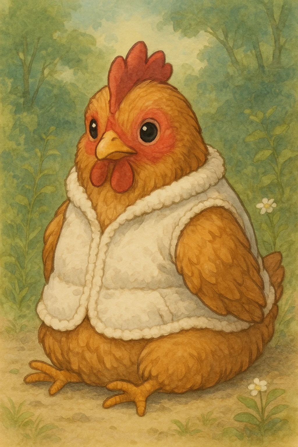 cute chicken sitting wearing a white pile vest, ghibli style emoji