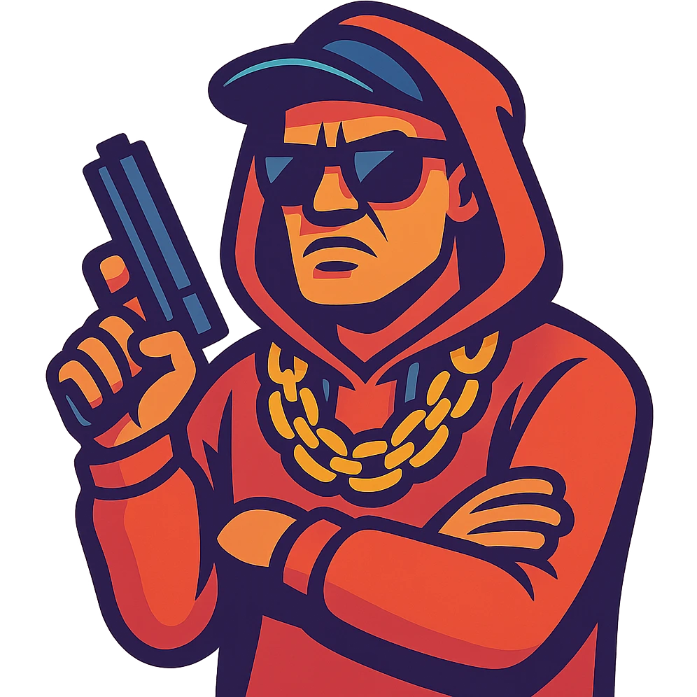 gangster, modern street style, gold chains, sunglasses, hoodie, tough expression emoji