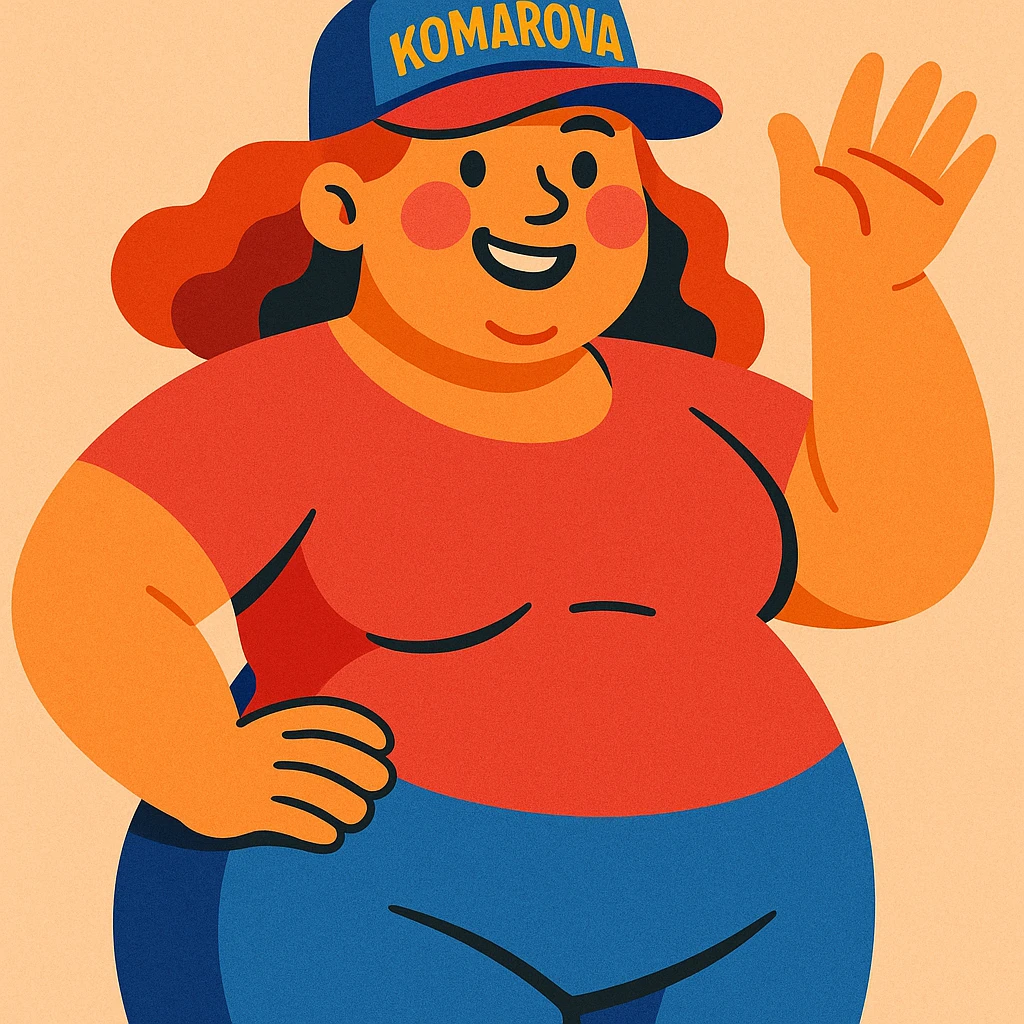 A plus-size woman with a cap that says "Komarova" in a vibrant toon style. emoji