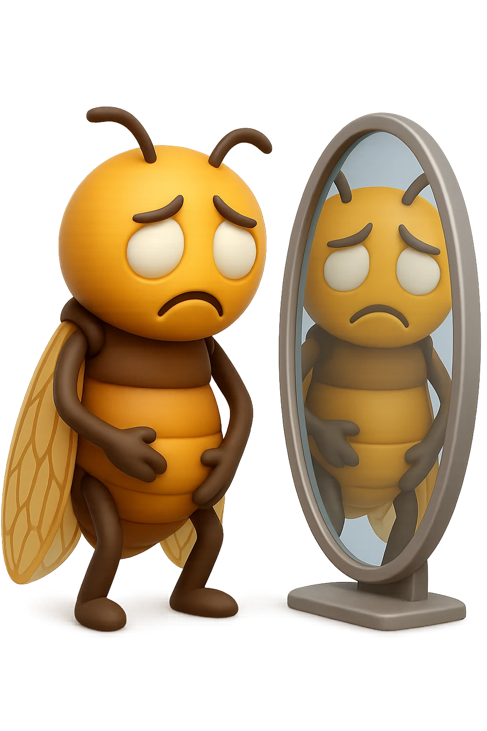 EMOJI STILE IPHONE 3D DI una cicala troste che si guarda allo specchio insoddisfatta del suo fisico, fagli gli occhi bianchi , non solo la pupilla emoji
