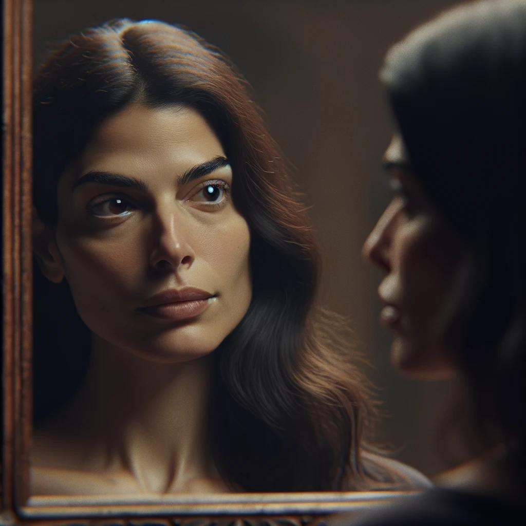 DONNA CHE SI GUARDA ALLO SPECCHIO CON ESPRESSIONE DUBBIOSA IN VOLTO, iperrealistico 4k emoji
