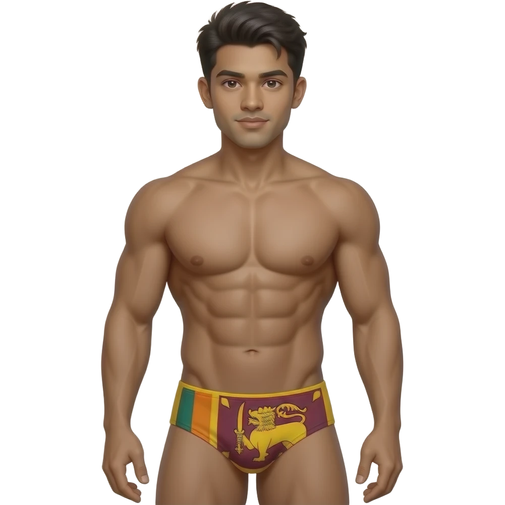 full body sri lankan young male standing with muscular build in thong with sri lanka flag theme emoji