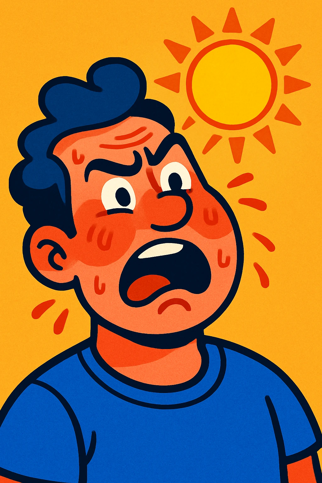 a man with flushed cheeks and a sun above his head, exaggerated expression, vibrant toon style emoji