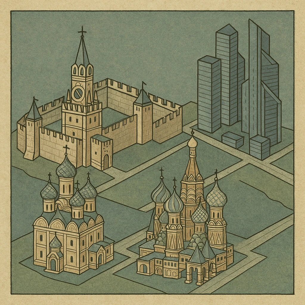 Изометричная миниатюрная 3D модель Москвы - Кремль, собор Василия Блаженного, Сити,  аккуратная детализация, яркие цвета мультяшный реализм, компактная композиция,  вид сверху в изометрии emoji