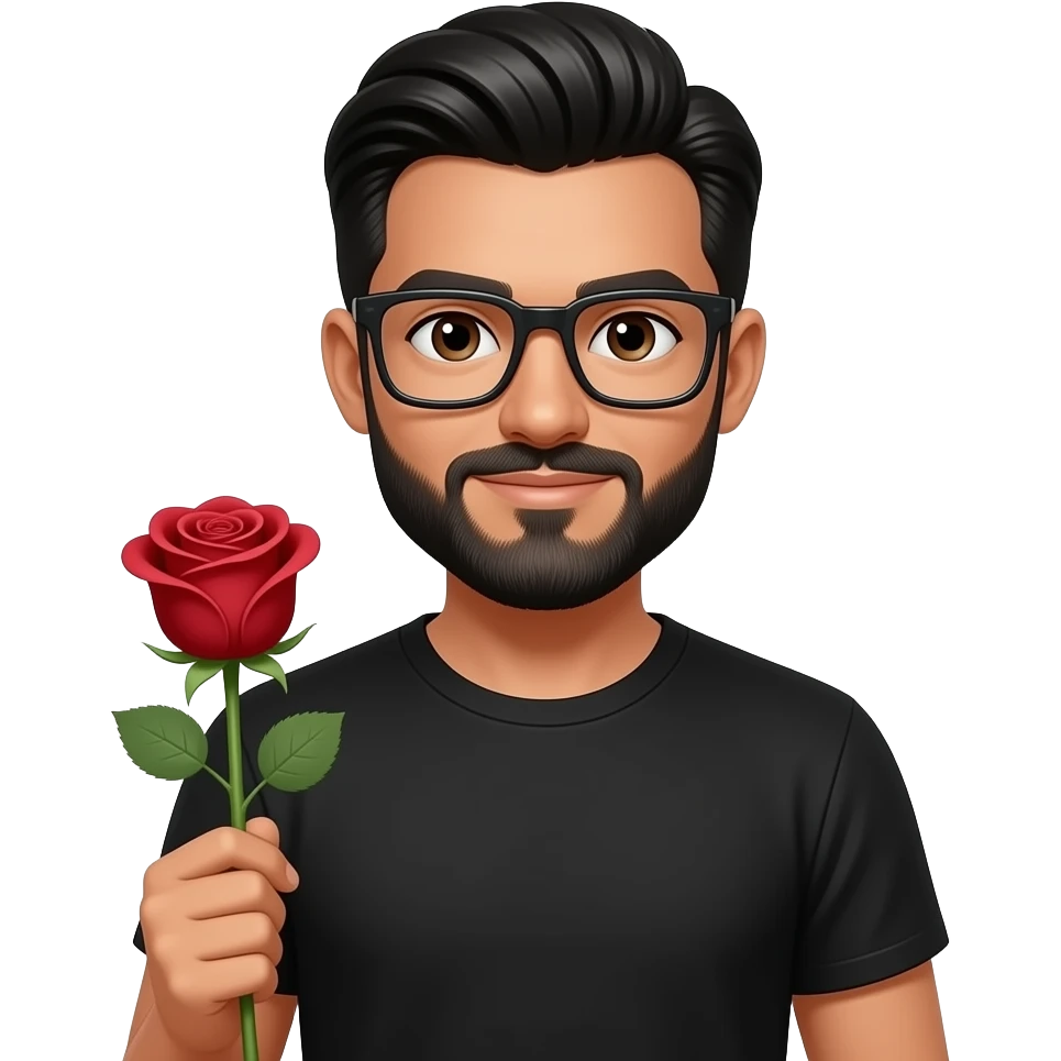 black slick back hair, tan skin, black beard, with squar glasses, brown eyes, black tee shirt, with roses in hand emoji