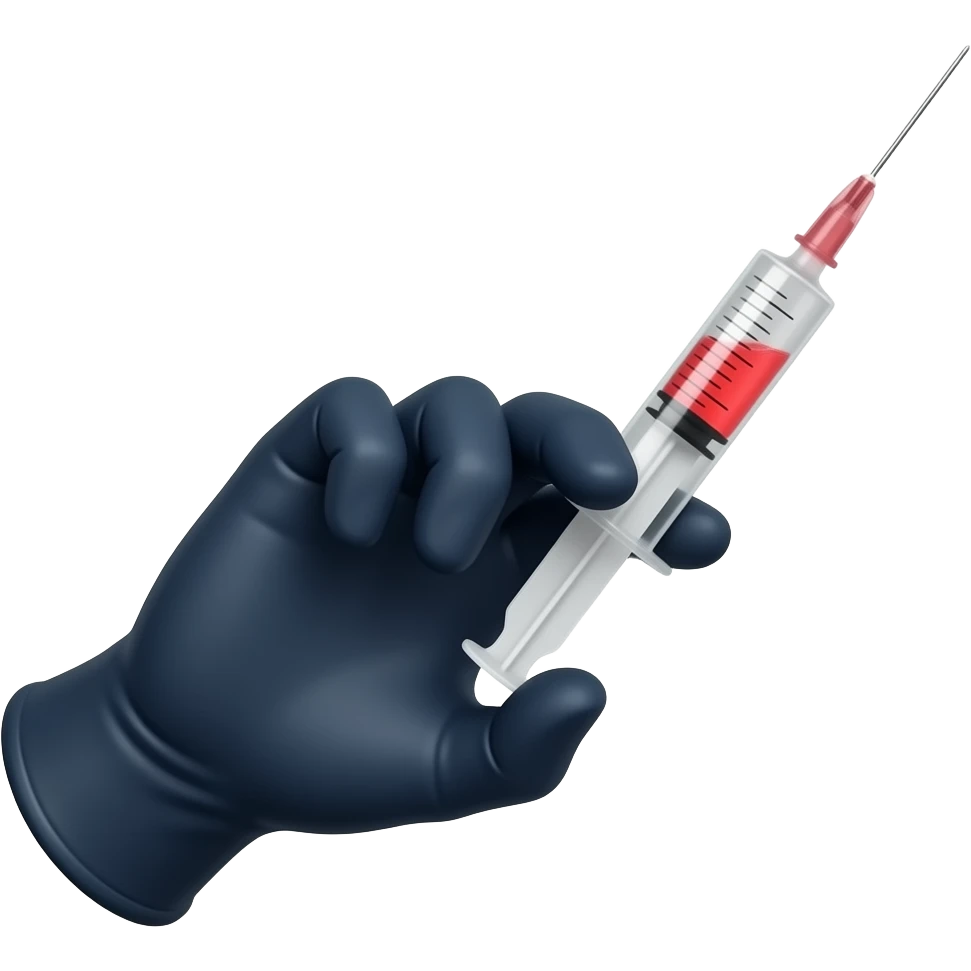 A gloved dainty male hand holding a syringe with glowing neon-red liquid inside. The glove is black but is dark-blue on the palm Side emoji