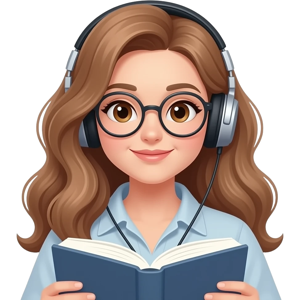 detailed emoji illustration of a curvy woman with long light brown wavy hair, light brown eyes and round glasses reading a book while wearing headphones, relaxed and focused vibe, cute emoji style emoji