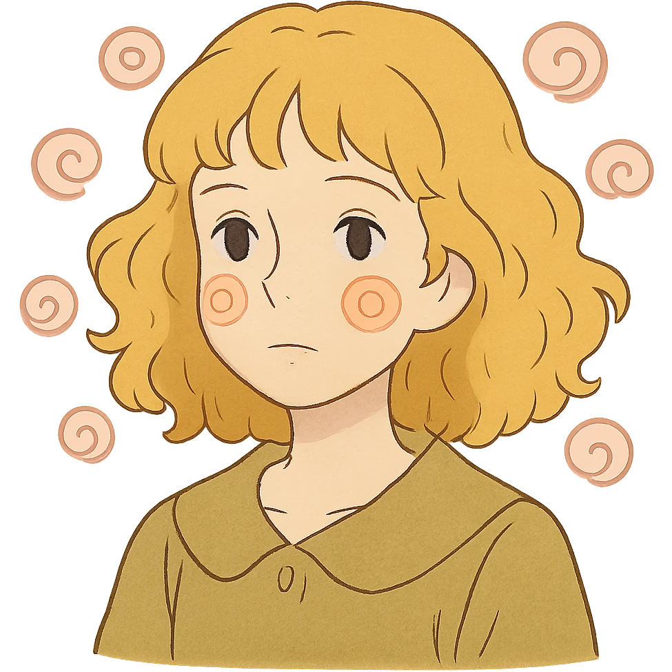 pale girl with curly medium-length blonde hair and baby pink swirls emoji