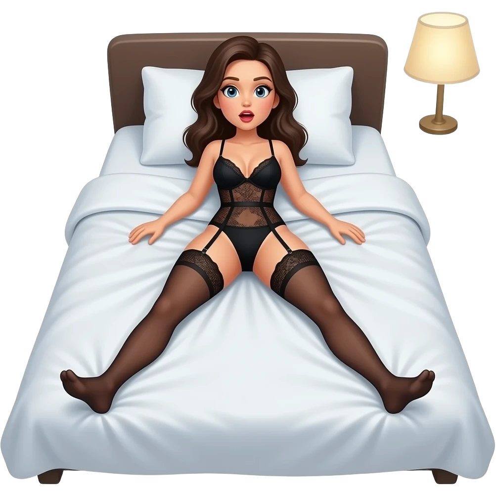 maakt een cartoon plaatje van een vrouw op bed, zwarte lingerie, liggend, benen uit elkaar, ogen en mond open, hoofd aan voeteneinde van het bed emoji