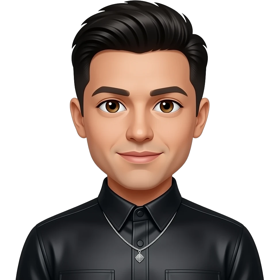 Erik-Michael Estrada from O-Town with dark brown eyes, black hair, black metallic high neck shirt, necklace emoji