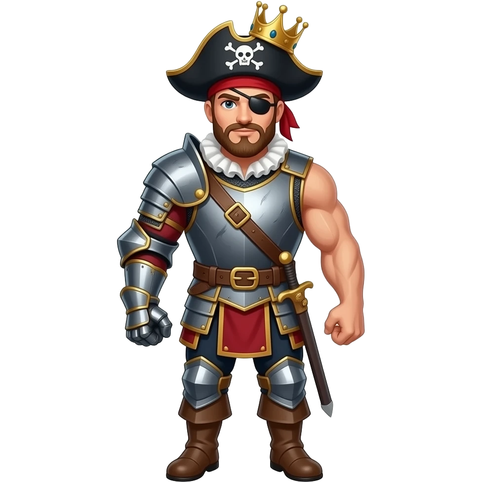 Bir adam olsun ve zırhı olsun ve kafasında korsan şapkası olsun boynunda pabyonu olsun ayagında çiviler olsun çiviler nerede sağ kolu nun yarısı olmasın sol kolu kaslı olsun korsan şapkasının üzerinde kral tacı açık sag kolunun yarısı olmasın emoji