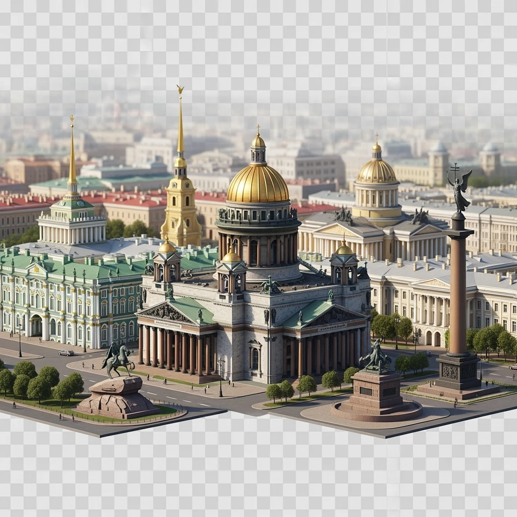 Изометрическая иллюстрация-модель Санкт-Петербурга с акцентом на фотореалистичный Исаакиевский собор, Зимний дворец, памятник Петру I, Адмиралтейство, здание Сената, Александрийский столп, баланс между стилизацией и реализмом, эффект рисованной миниатюры Tift shift, прозрачный фон. emoji