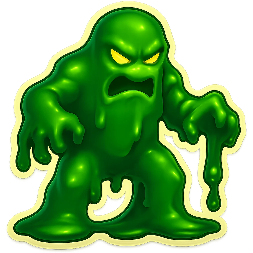 Slime monster. green slime. scary sinister. slime attacks. show full body. more dripping slime. talk humanoid slime creature. sinsiter and scary...green slime. has 2 arms and a vague head emoji