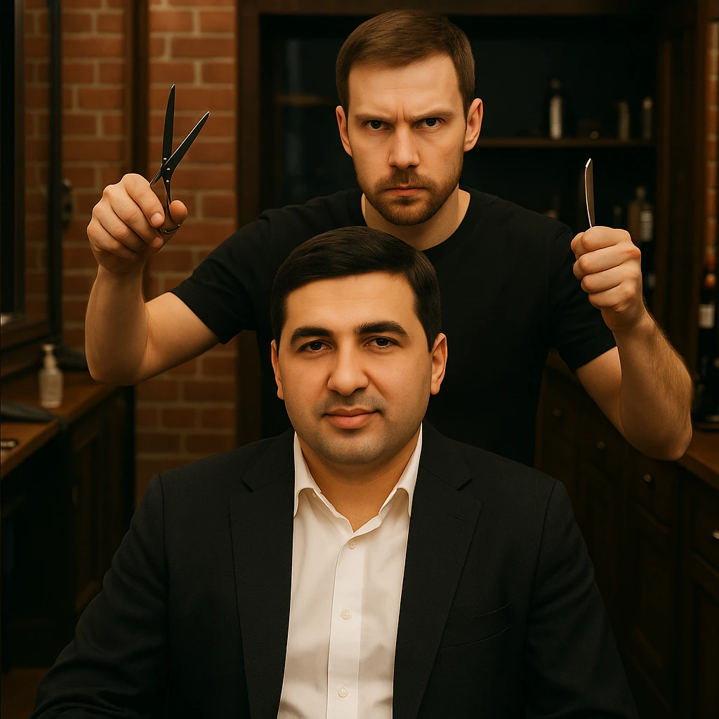 endi esa birinchi rasmdagi odamni yuzini sartaroshni yuziga qilib ber emoji