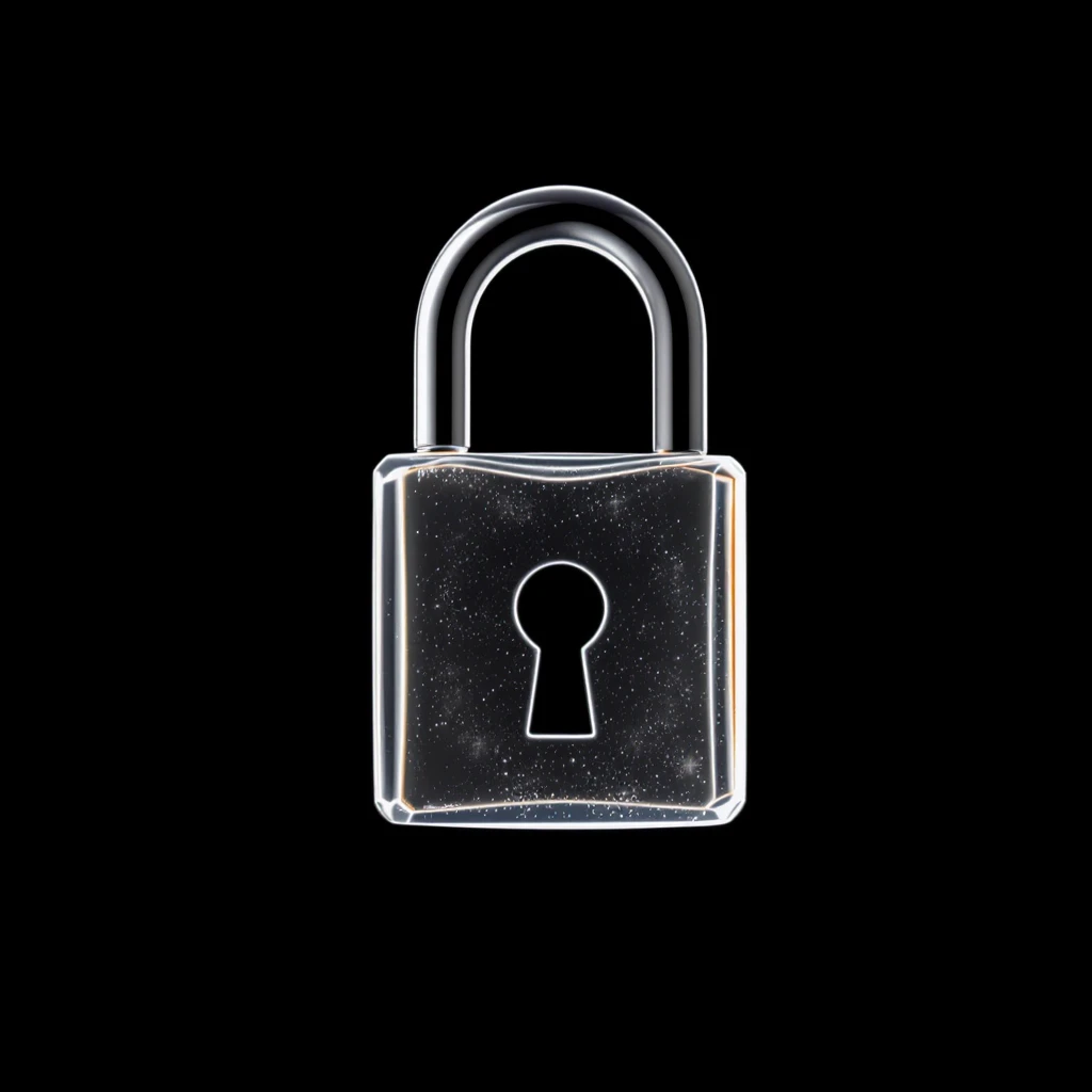 Photo of a 3d made of glass padlock, black void around symmetrical 3d render, rim light emoji