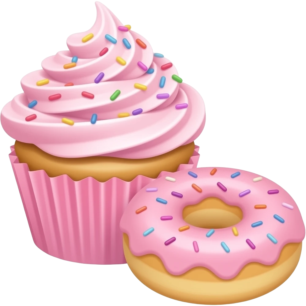 Vanilla cupcake pink frosting and Sprinkles cupcake pink paper and donut in the foreground emoji