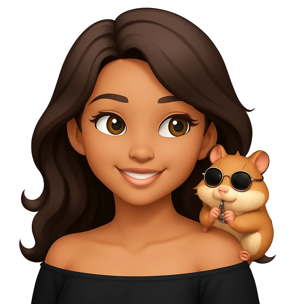 Add a cheeky, adorable hamster perched playfully on her shoulder. The hamster is wearing tiny round sunglasses and munching on a seed. The woman and her hamster are sharing a fun, carefree moment together, radiating warmth and joy. Keep the modern, clean, warm style. emoji