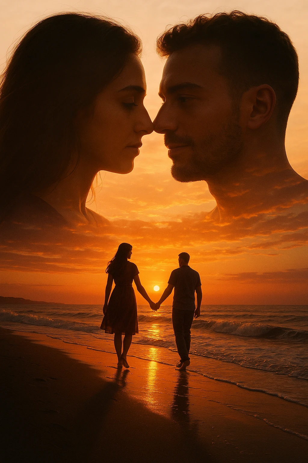 Una doppia esposizione cinematografica di noi di profilo, con un paesaggio di spiaggia al tramonto integrato nella silhouette.
La scena interna ci mostra entrambi camminare sulla sabbia bagnata, tenendoci per mano, con le onde del mare che si infrangono è facile e un cielo colorato dagli ultimi raggi di sole. Atmosfera calda e intima, toni dorati arancioni, dettagli fini ed espressivi, risoluzione 8K. emoji