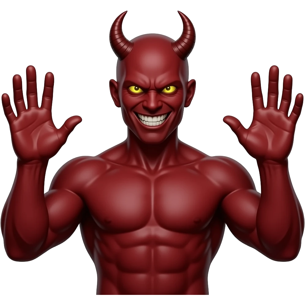 “Red demon, muscular, horns, glowing eyes, evil smile, hands raised palms forward fingers spread, symmetric, dark” emoji