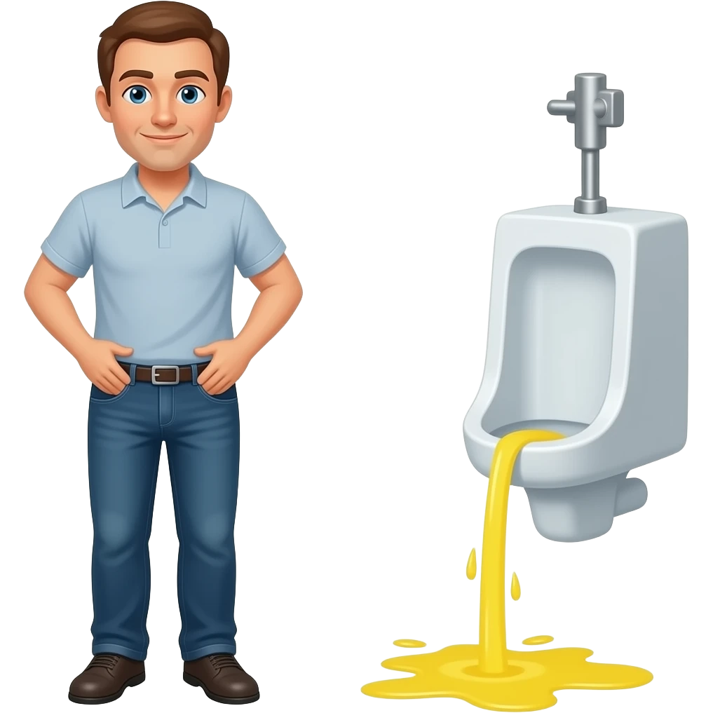 Erstelle ein Bild von einem öffentlichen WC, ein Mann steht vor einem urinal und hält sich die Hände oben vor der Hose und oben vorn aus seiner Hose kommt ein gelber dünner Wasserstrahl der in das urinal trifft emoji