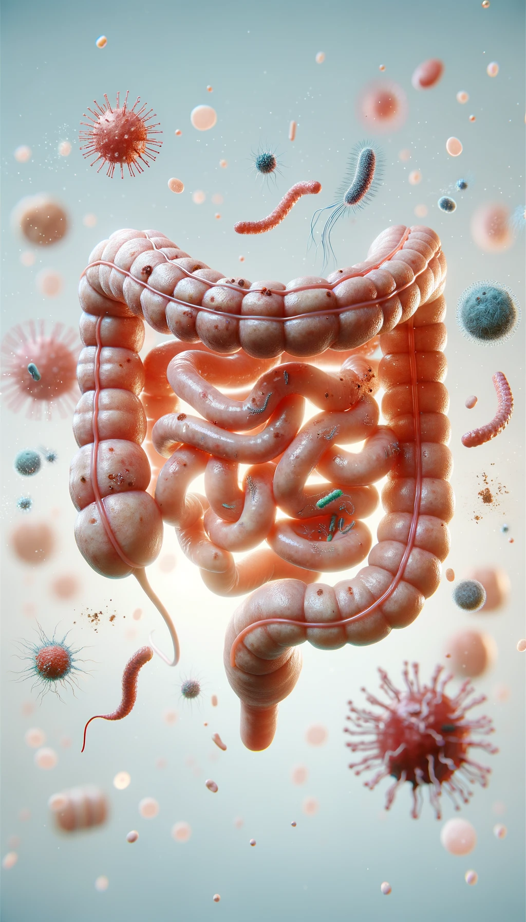 intestino umano realistico con batteri e parassiti che gli fluttuano intorno, sfondo chiaro, iperrealistico 4k emoji