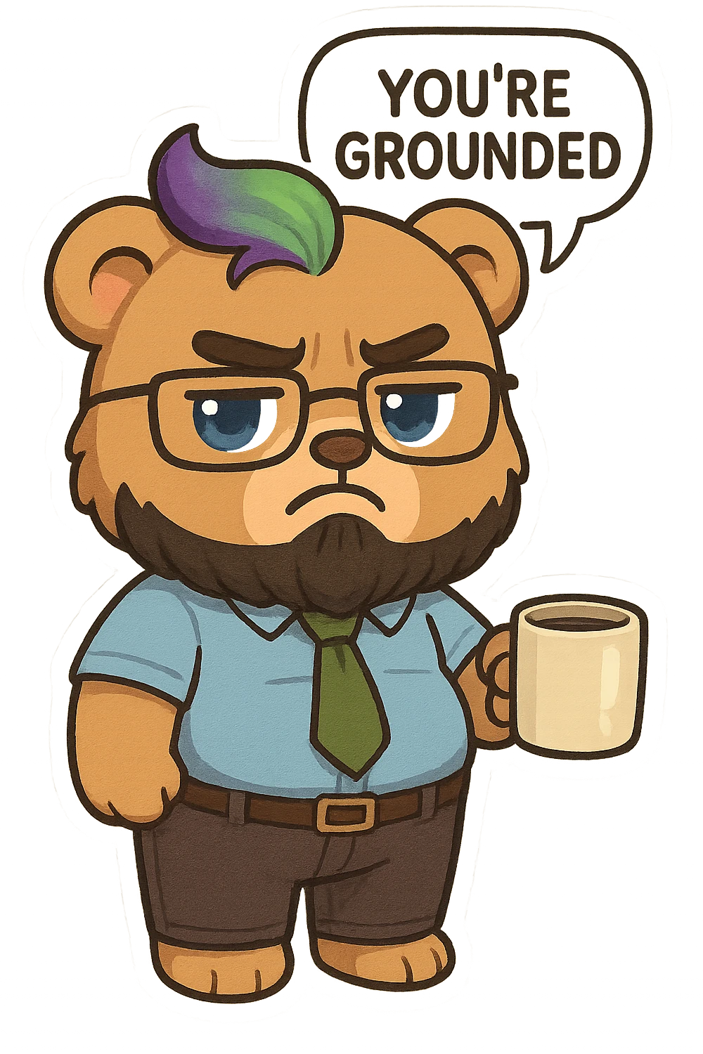 A realism art illustration art style of a plus-sizes teddy bear  with purple to green ombre streak, black beard, blue eyes, glasses, dressed like a dad, holding a coffee mug, You’re grounded speech bubble, frowning  emoji