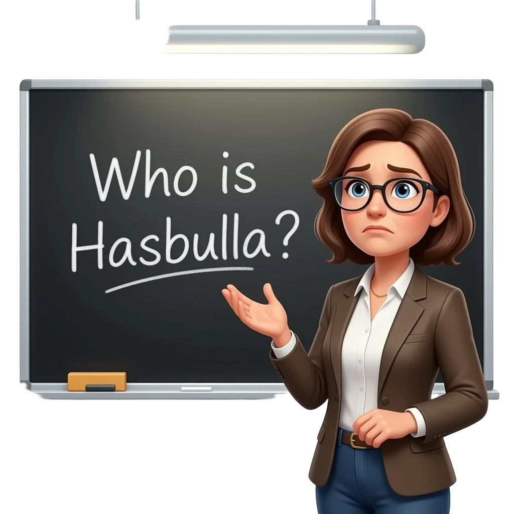 A photorealistic portrait of a female teacher in her 30s wearing glasses, standing in a school classroom. She has a skeptical look, looking up at the viewer with raised eyebrows. Next to her, a large blackboard has the text 'Who is Hasbulla?' written in messy chalk. Soft overhead classroom emoji