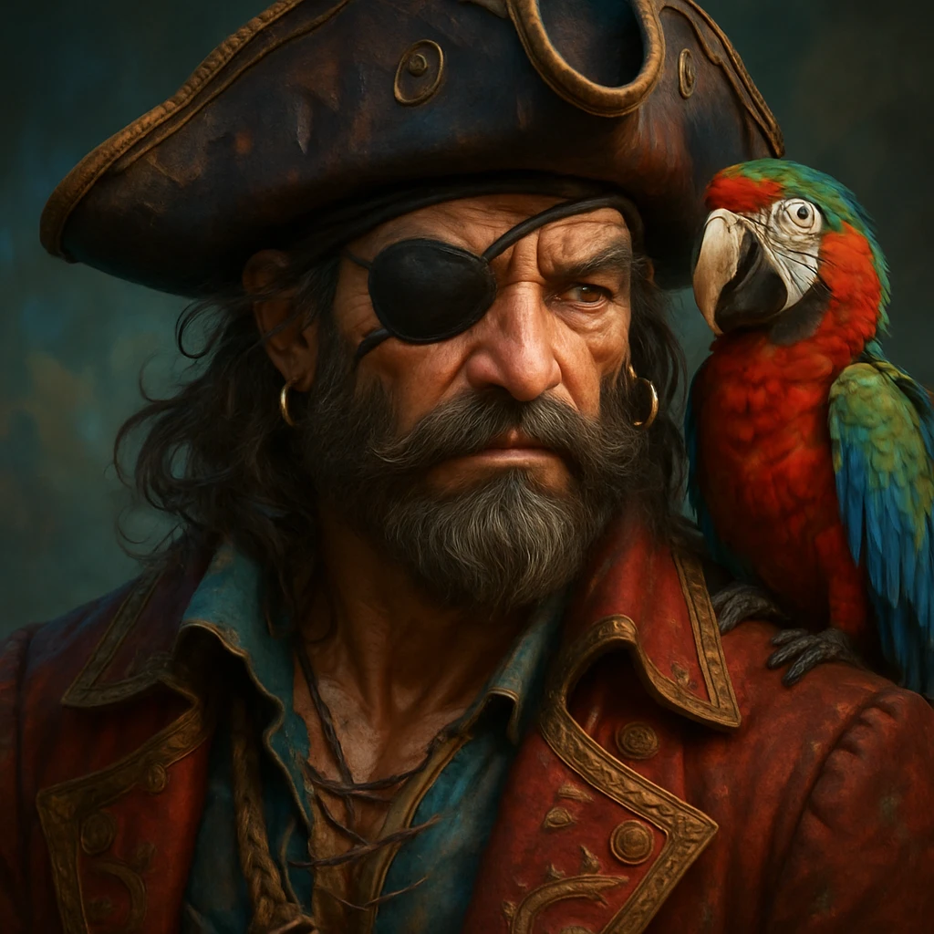 3d digital art of a pirate with eye patch and parrot in emoji