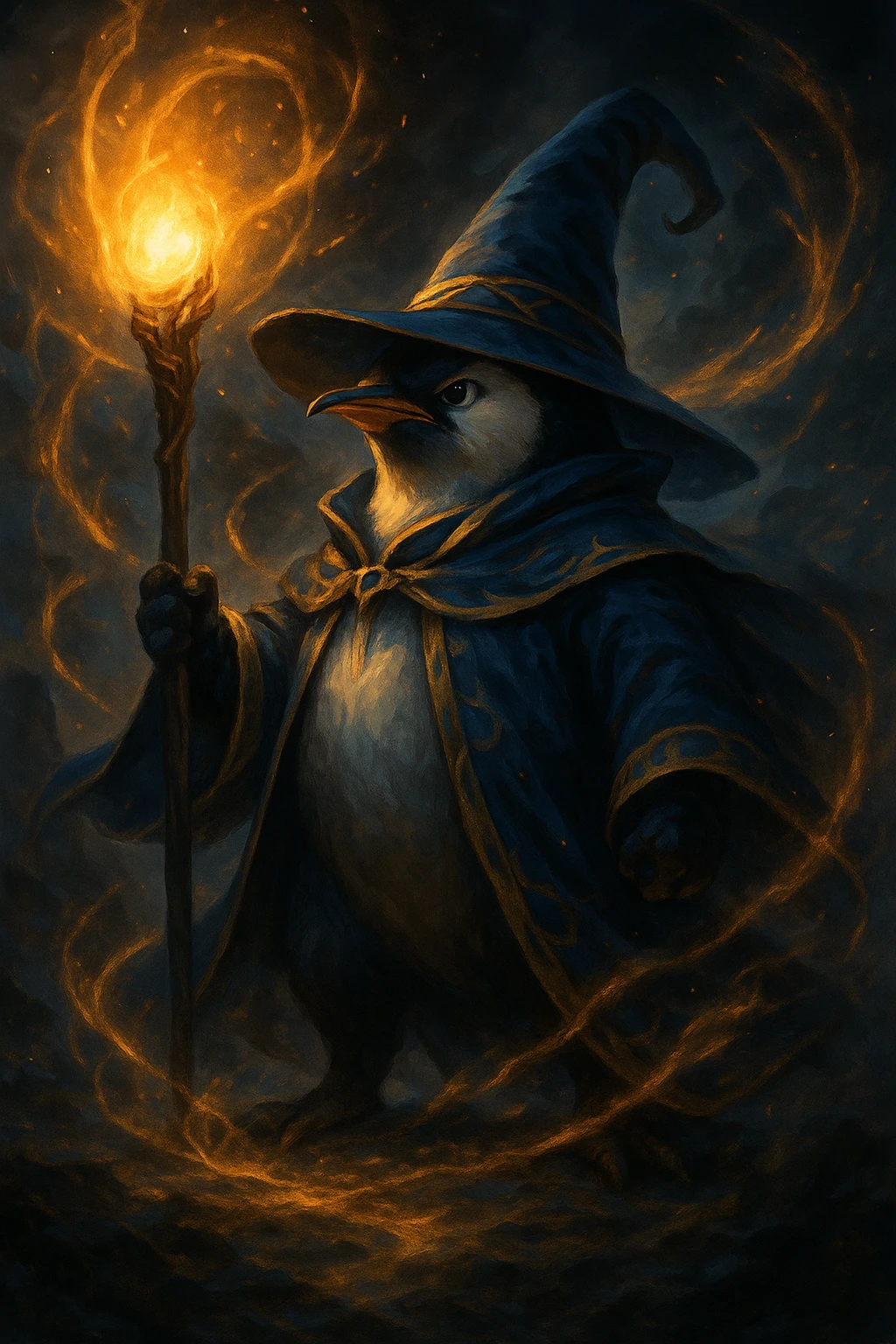 a heroic penguin wizard with a glowing staff, dramatic lighting, and swirling magical energy, in an epic fantasy style emoji