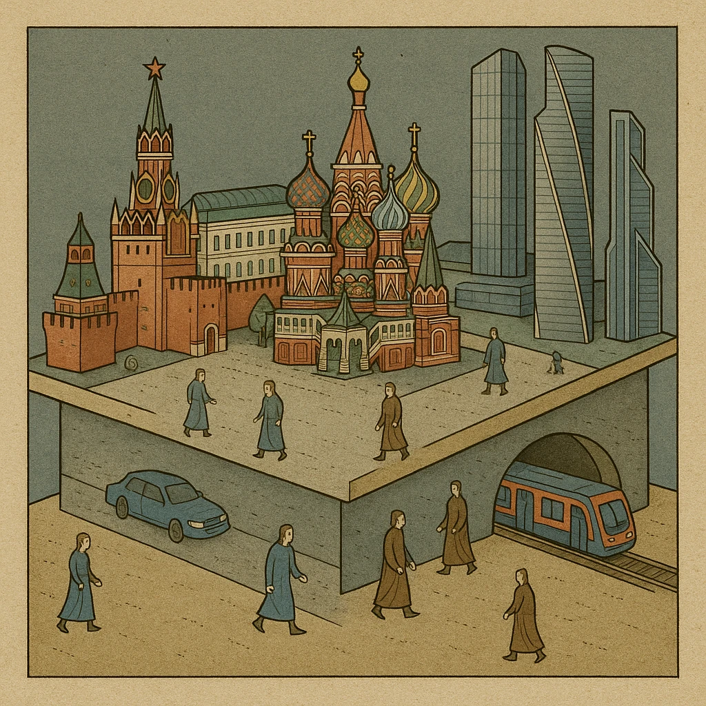 Изометричная миниатюрная 3D модель Москвы на подставке - фотореалистичный Кремль, собор Василия Блаженного, фотореалистичный Башни Москва-Сити, аккуратная детализация, яркие цвета, мультяшный реализм, гуляют люди и современный автотранспорт и метро, компактная композиция, вид сверху в изометрии emoji