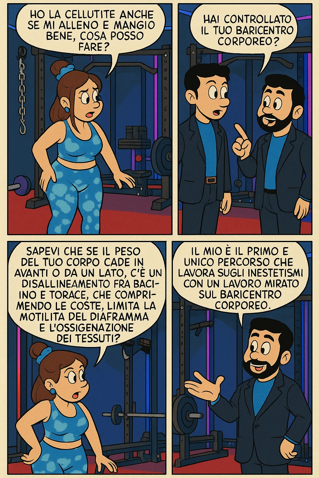 TRASFORMA QUESTO CAROSELLO IN UN FUMETTO STILE FUMETTO TOPOLINO CON QUESTE DUE PERSONE IDENTICHE CHE INTERLOQUISCONO TRA LORO:

LEI: Ho la cellulite anche se mi alleno e mangio bene, cosa posso fare?

LUI: Hai controllato il tuo baricentro corporeo?
LUI: Sapevi che se il peso del tuo corpo cade in avanti o da un lato, c’è un disallineamento fra bacino e torace, che comprimendo le coste, limita la motilità del diaframma e l’ossigenazione dei tessuti?
LUI: Il mio è il primo e unico percorso che lavora sugli inestetismi con un lavoro mirato sul baricentro corporeo. emoji