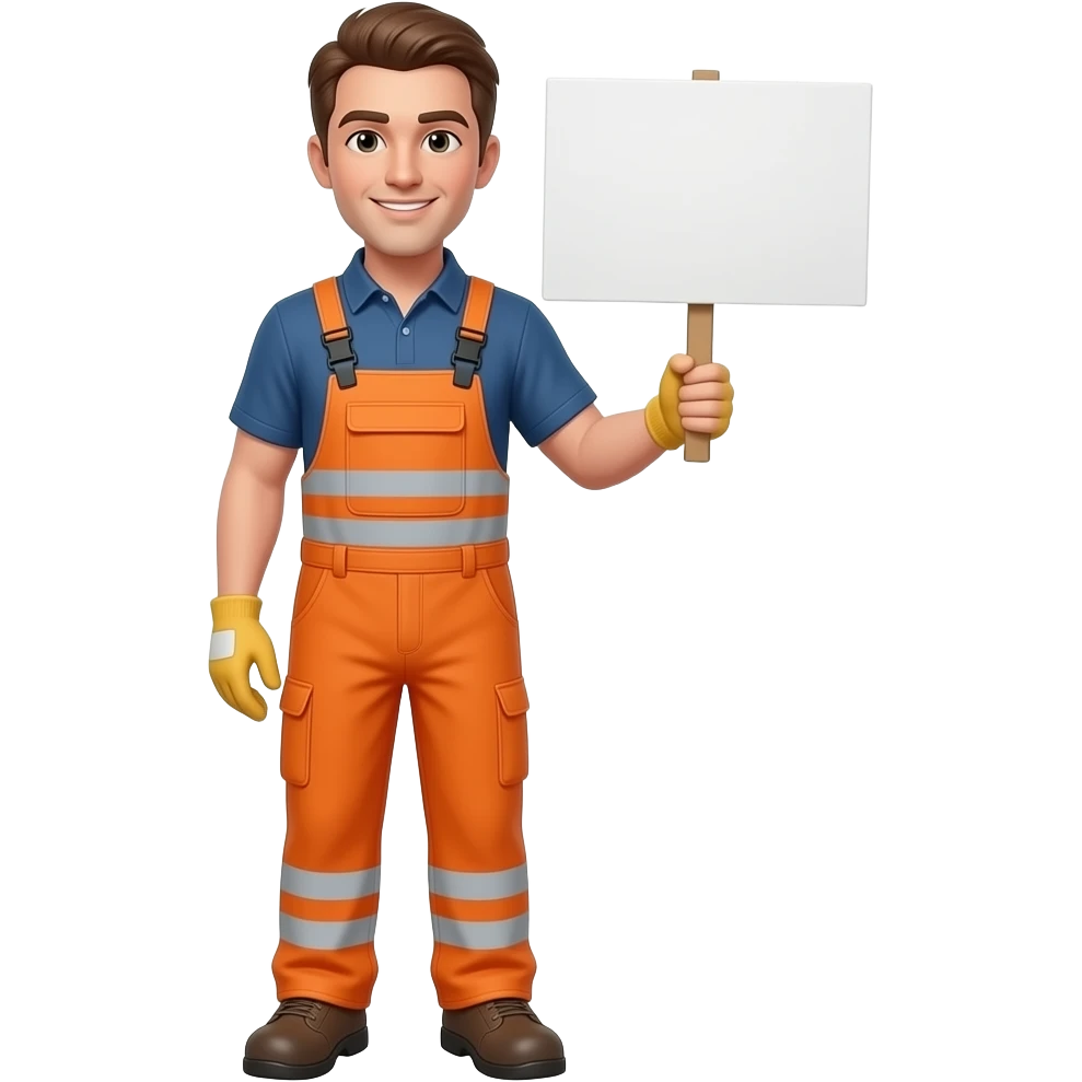 man standing in orange hi-vis overalls with sleeves holding a sign emoji