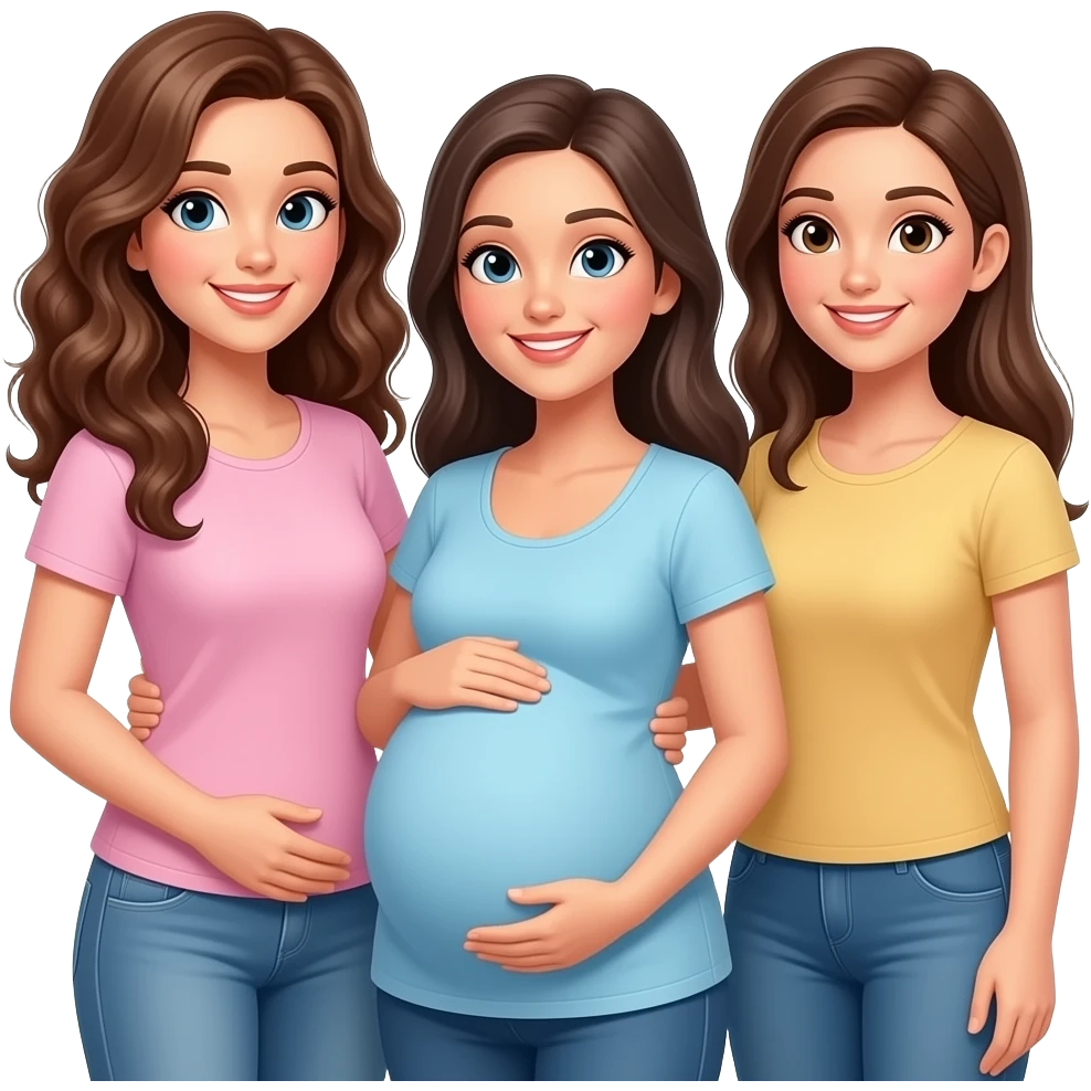 3 Caucasian girl friends 1 tall with long curly hair, 1 brunette hair pregnant,  1 brunette emoji