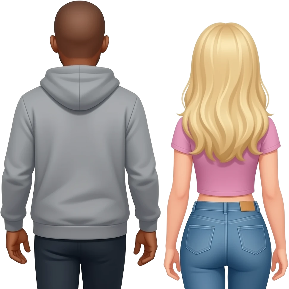 Bald black man wearing a gray hoodie walking away from blonde girlfriend with back turned emoji