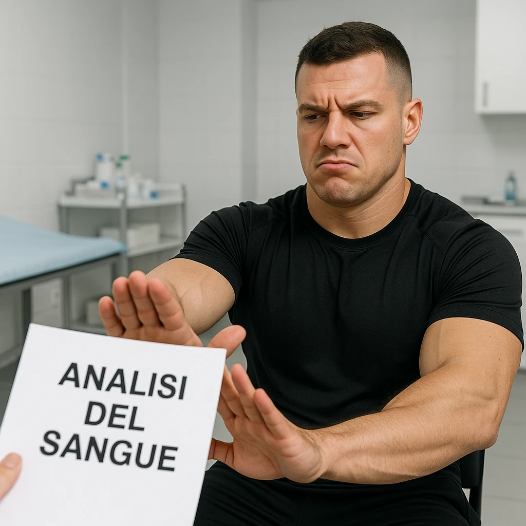 bodybuilder in sportswear with a disinterested expression, pushing away a paper with the text 'Analisi del sangue', Italian text, medical clinic background, 4K quality emoji