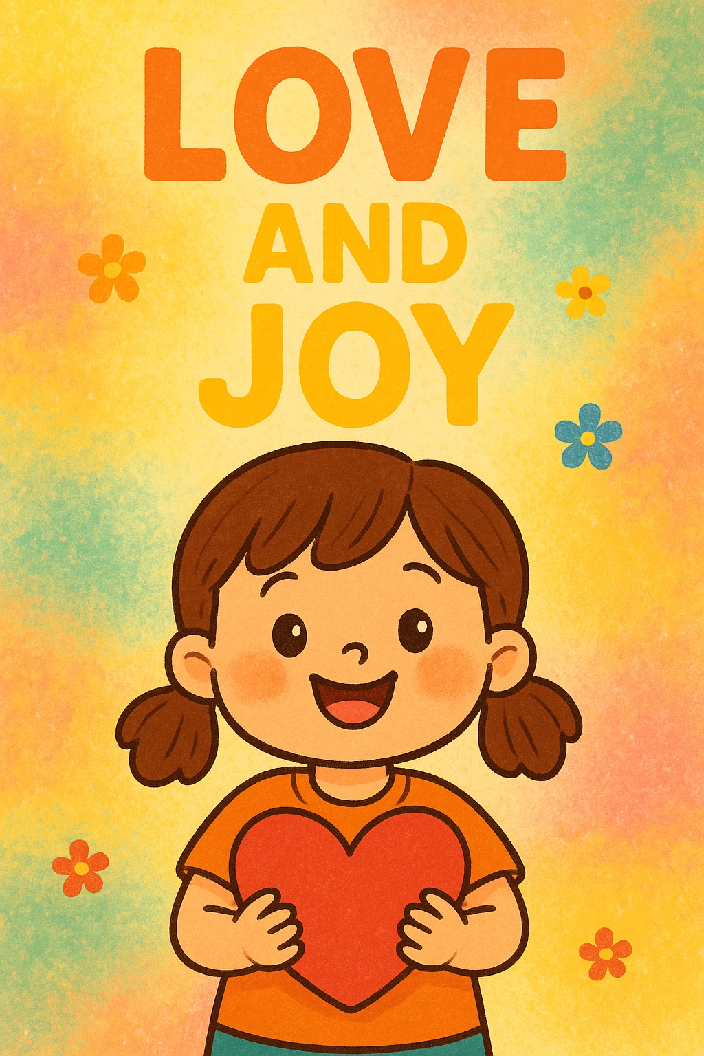 a little girl holding a heart, a cute and cheerful face, with a text emoji