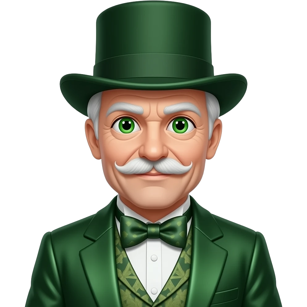 The Wizard from The Wonderful Wizard of Oz with green eyes, white hair and mustache, dark green metallic suit with bow tie, dark green hat emoji