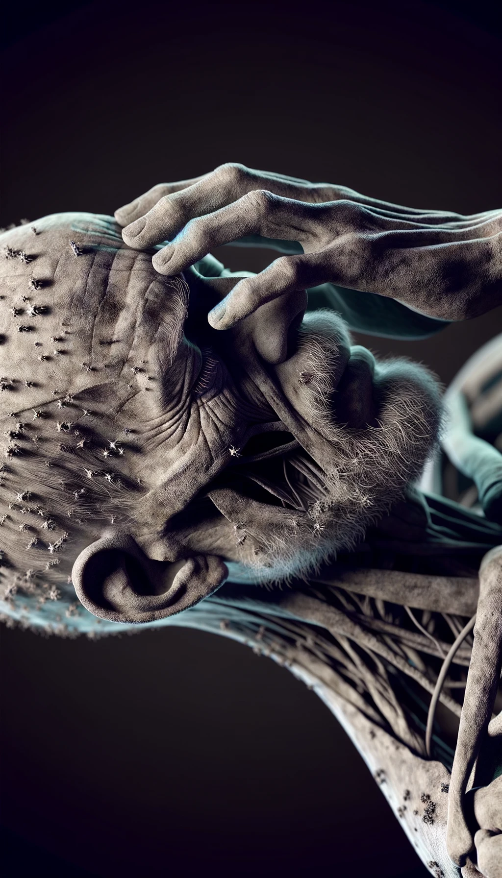 CORPO UMANO ANATOMICO STANCO CON MANO SULLA FRONTE, IPERREALISTICO 4K emoji
