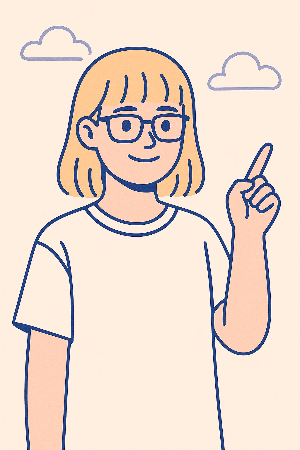 Smiling girl with blonde hair, bangs, and brown eyes, wearing black square glasses and a white oversized T-shirt, pointing her finger up to the right, clean modern illustration style emoji