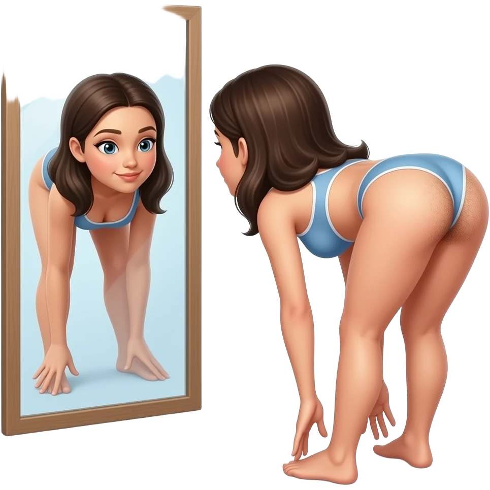 spreading open her  butt cheeks and shaving hairy butthole wide open looking at it in mirror bent over touching toes emoji